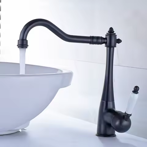 Antique Brass Kitchen Faucet Ceramic Handle Deck Mount Black Basin Sink Faucet 360 Rotate Mixer Taps Hot Cold Water Faucet Crane
