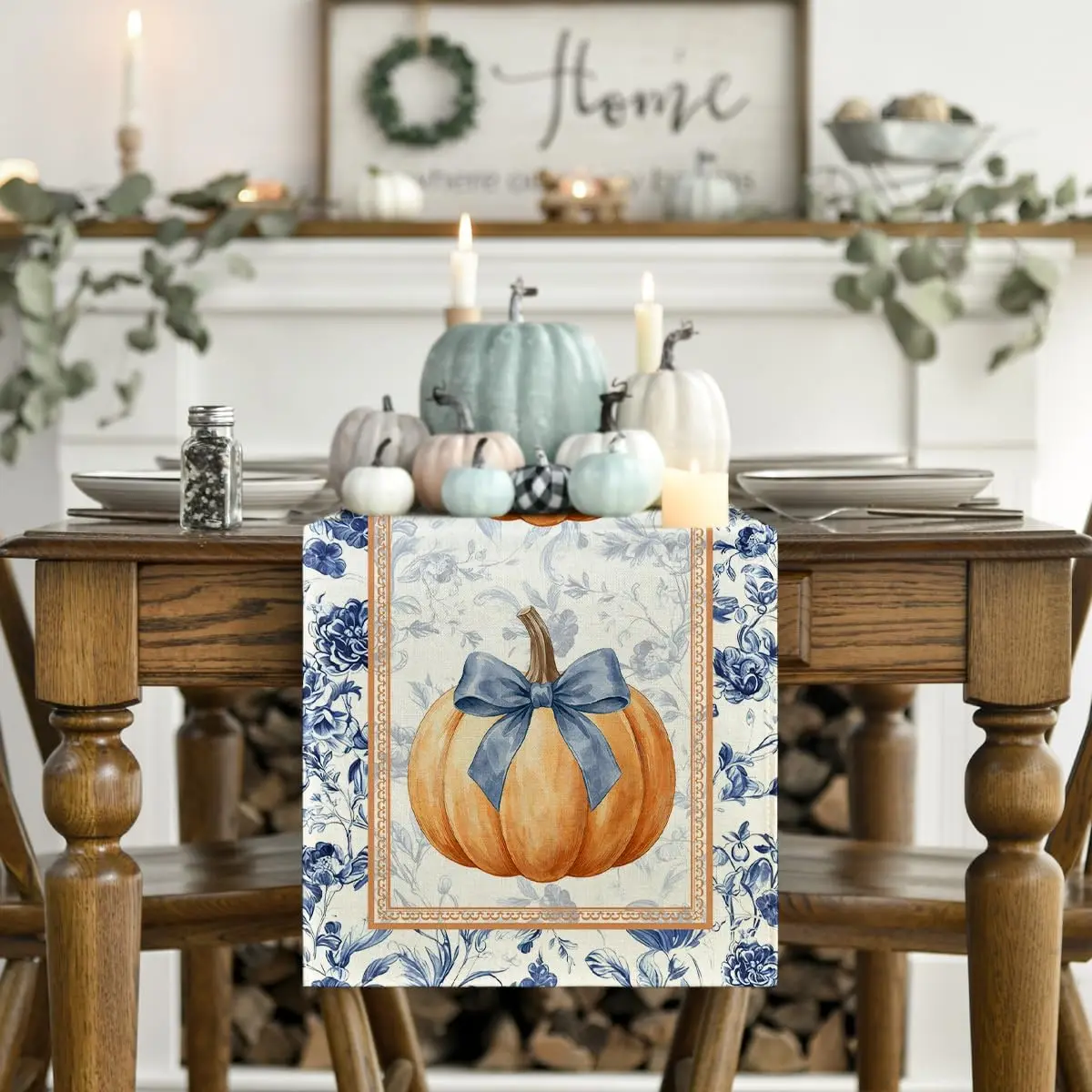 Autumn Pumpkins Blue White Porcelain Linen Table Runner Home Decor Fall Harvest Kitchen Dining Table Runners Thanksgiving Decor