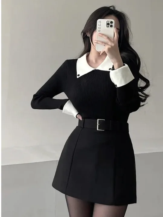

Korean Sle Long Sve Ne Knitted irt Women Slim Fit Color Blo Base irt Spring Faionable Top for Teen Girls