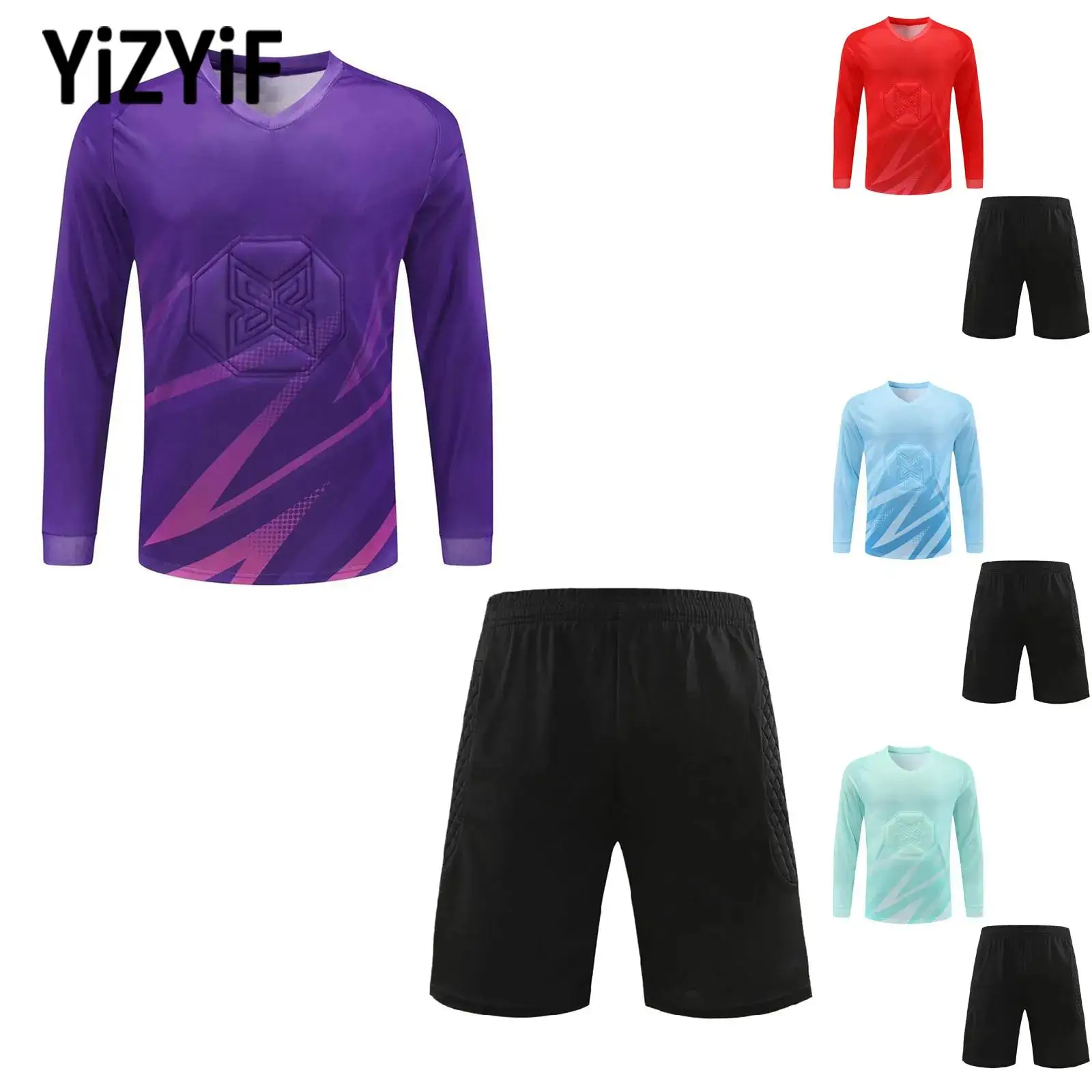 

Adult Mens Football Goalkeeper Uniform Protection Padded Goalie Outfit Sports Set V-Neck Long Sleeve Printed T-shirt with Shorts