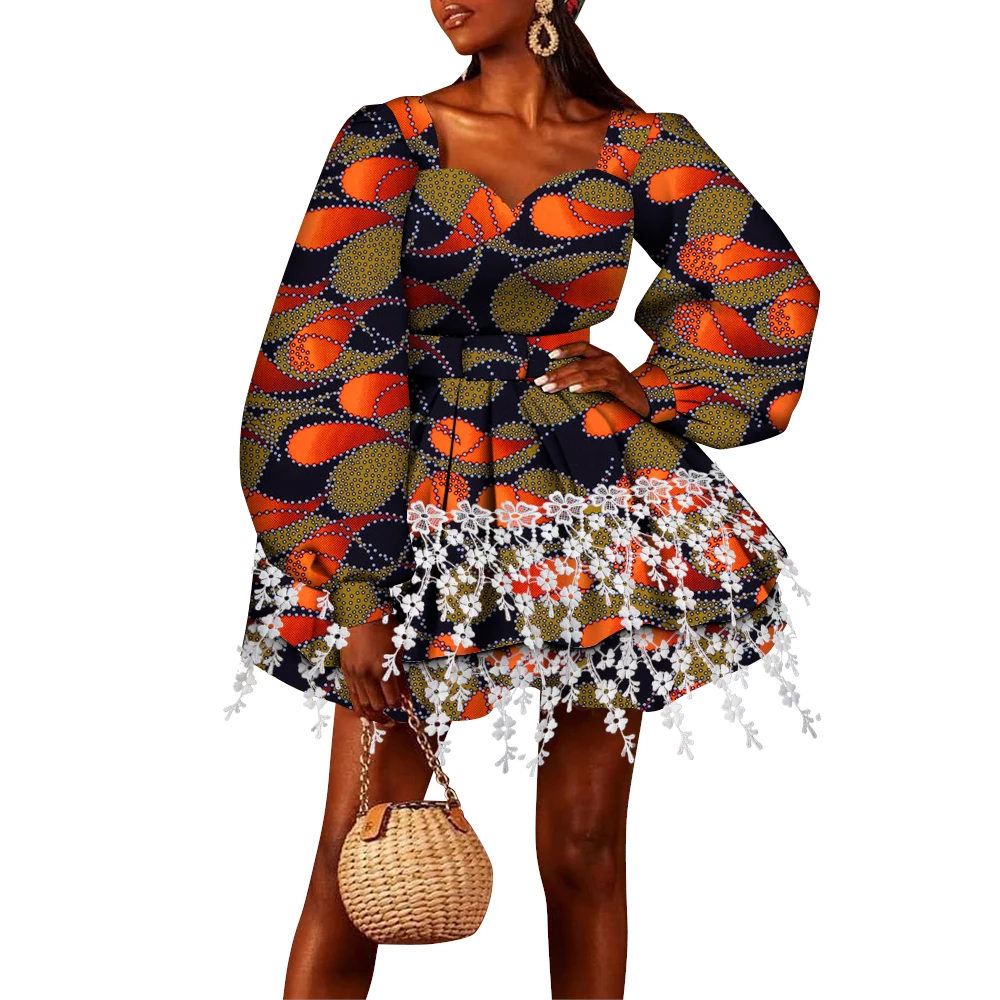 

African Long Sleeve Women's Dress Ankara Printed Double Layer Tassel Mini Belt Dresses African Women Party Daily Clothes Wy9152