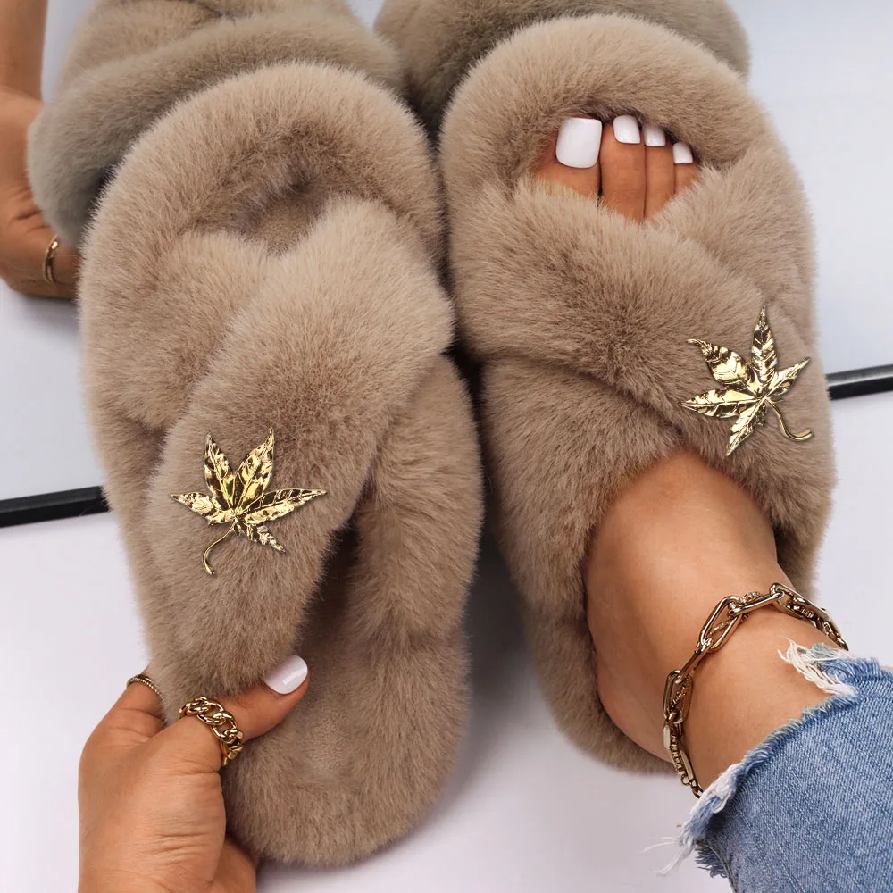 Women's Flip Flops Fluffy Slippers Faux Fur Slides DIY Customized Sandals Golden Maple Leaves Decoration Slippers Female Shoes