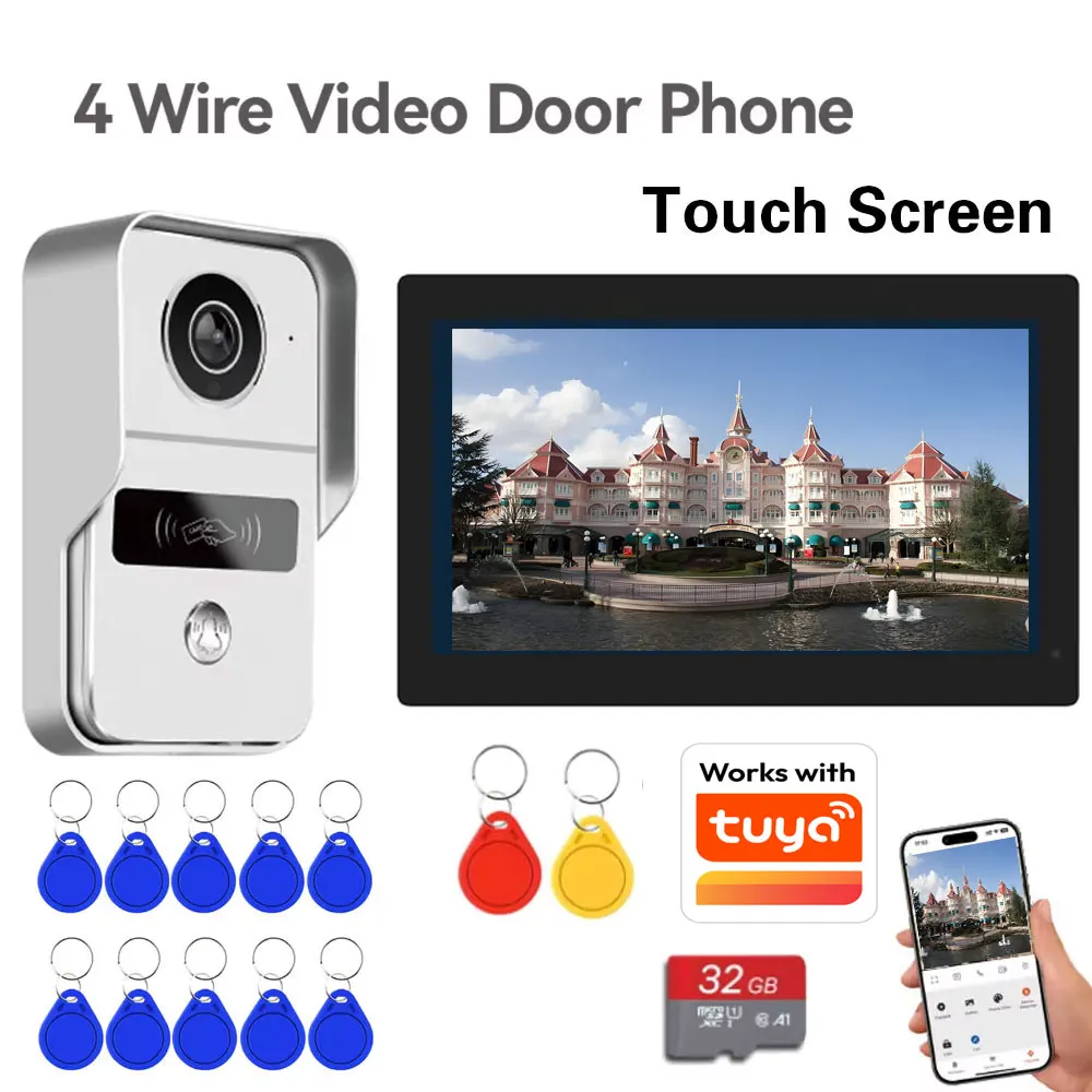 Nuevo Sistema de Videoportero HD de 4 Cables, Monitor Inalámbrico 5G WIFI de 7 Pulgadas, Cámara de Videoportero 1080P, Desbloqueo por Tarjeta y Aplicación TUYA