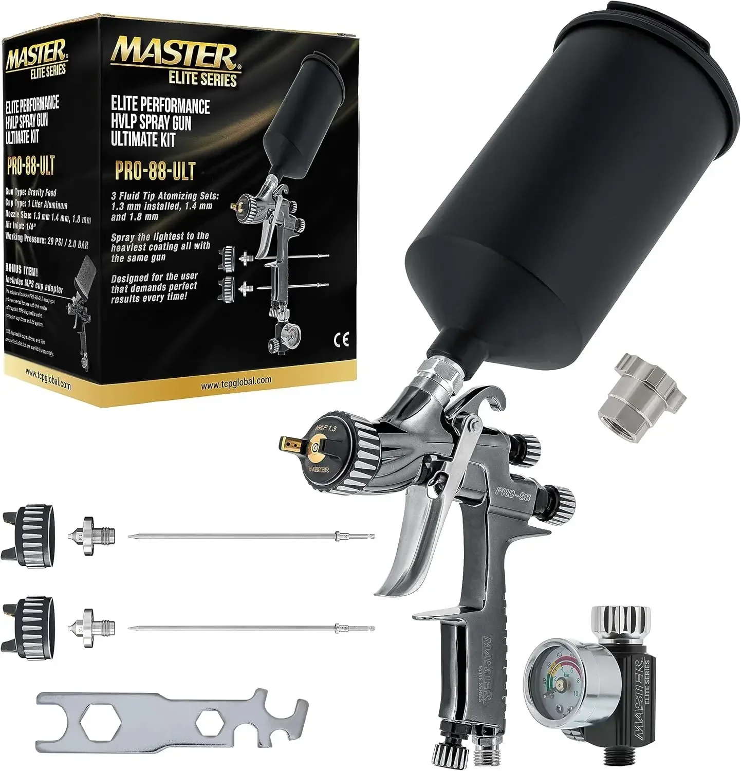 Elite Performance PRO-88 Series HVLP Spray Gun Ultimate Kit with 3 Fluid Tip Sets 1.3, 1.4 and 1.8mm and Air Pressure Regulator