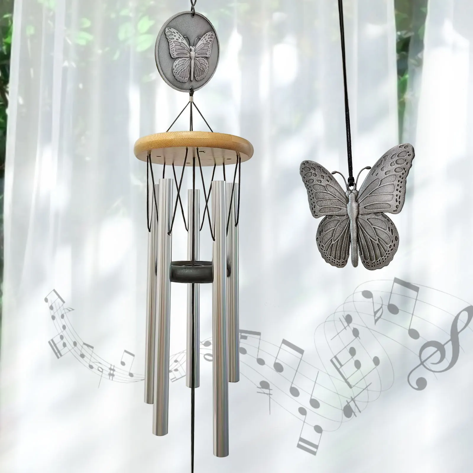 THEYUFA Butterfly Wind chimes bright silver 29in(about 73.6 cm) commemorative wind chimes Garden patio decoration unisex gift