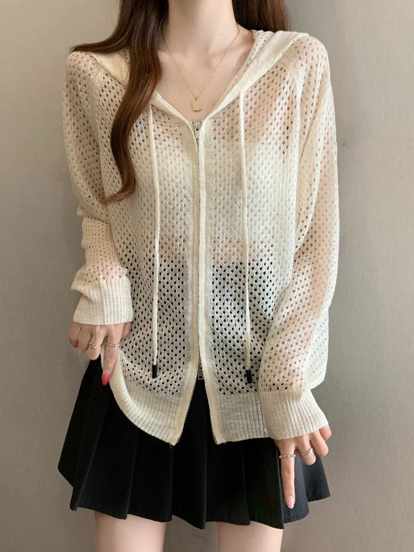 Lightweight Hooded Sun Protection Jacket Women's Summer New Large Size Fat MM Mesh Hollow out Cardigan Top Korean Style