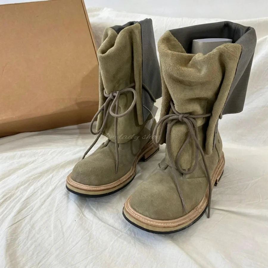 Unisex Khaki Suede Vintage Western Boots for Women Men Fold Over Lace Up Round Toe Thick Sole Wide Calf Knight Boots Large Size