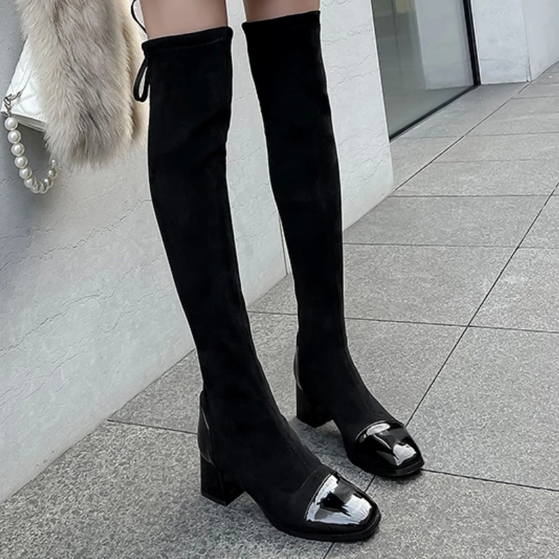 Elastic Black Over the Knee Boots Women Sexy Flock Thigh High Boots Female Autumn Winter Tall Long Party Shoes Lady Big Size 52