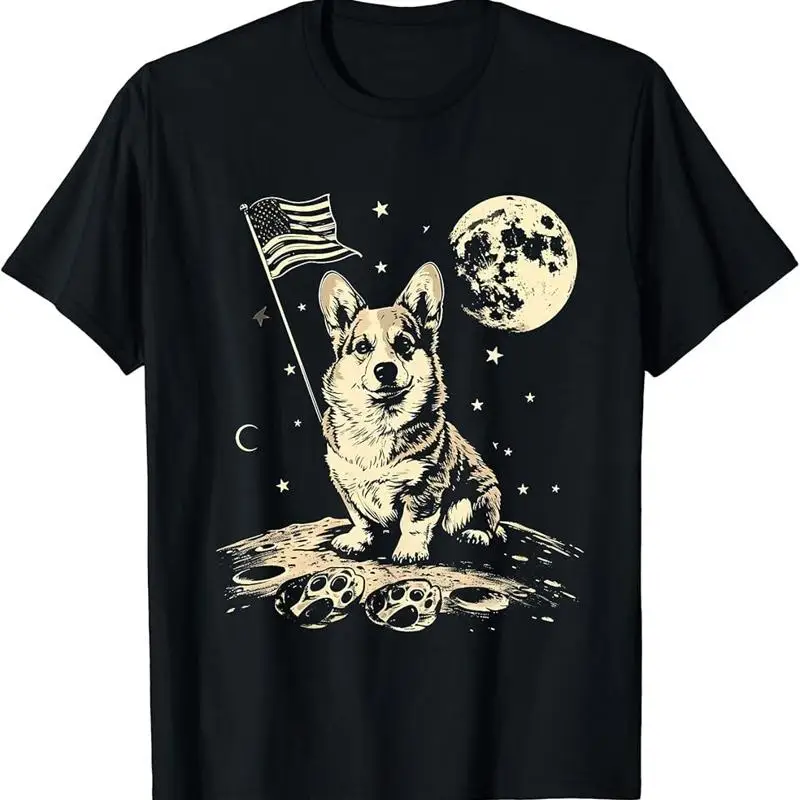 Corgi en la luna bandera americana aventura espacial camiseta