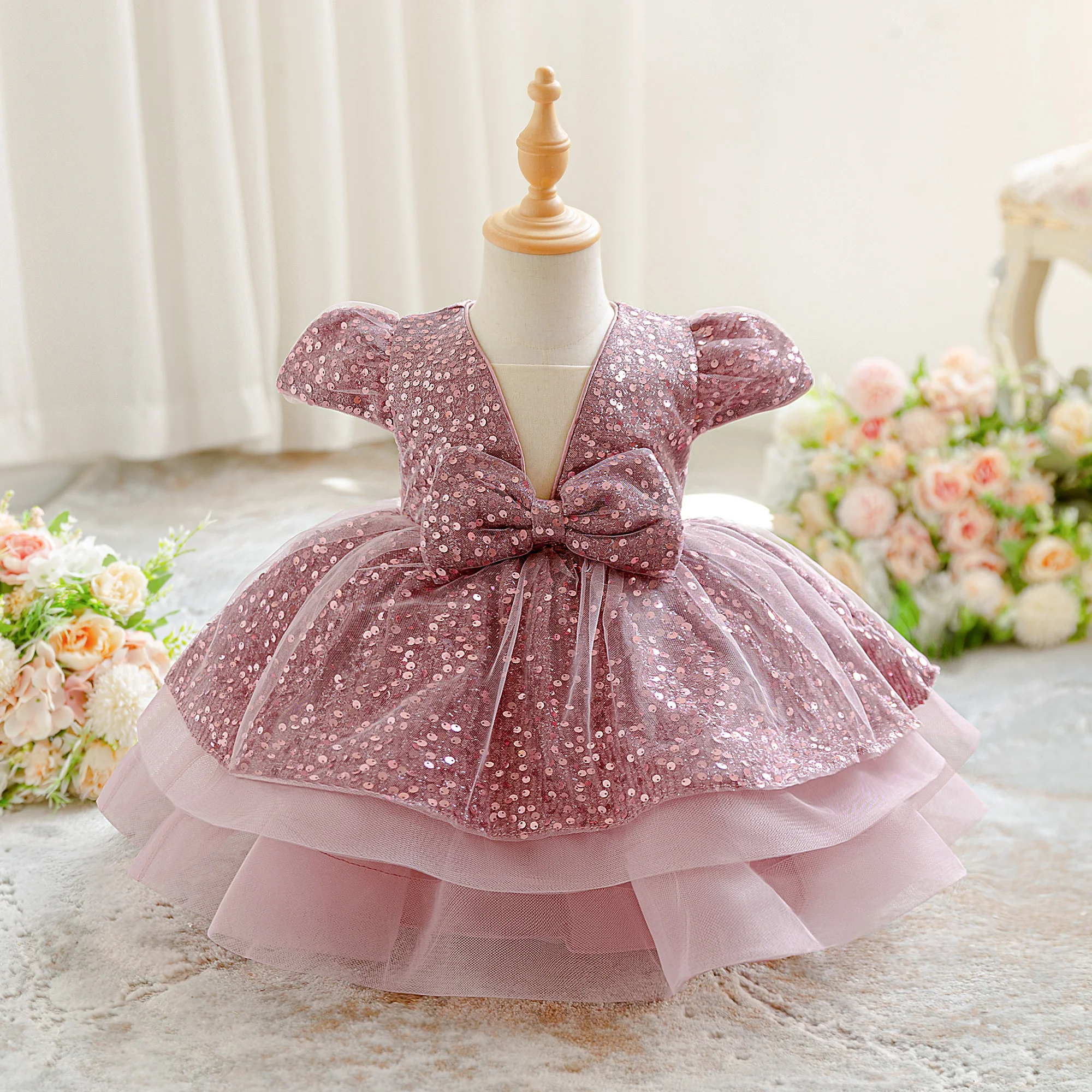 Toddler Sequin Bridesmaids Party Baby Girls Dress Elegant Bow 1Yrs Birthday Princess Tutu Prom Dresses Baby Wedding Evening Gown