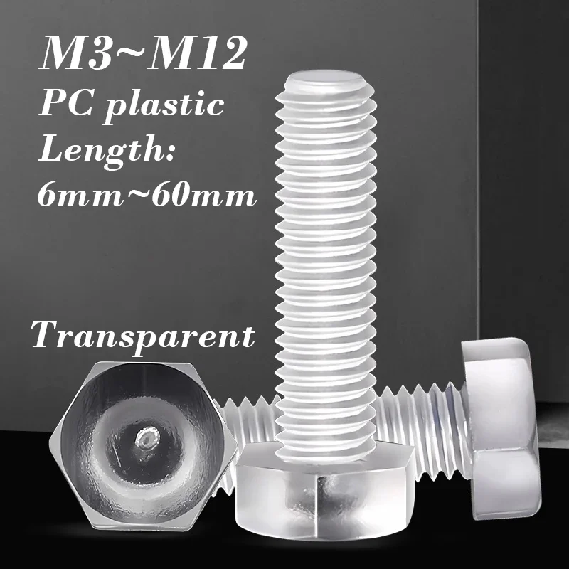 Clear Polycarbonate (PC) Hex Head Machine Screws M3 M4 M5 M6 M8 M10 M12 Transparent Insulated Bolts for Aquarium Electronics DIY