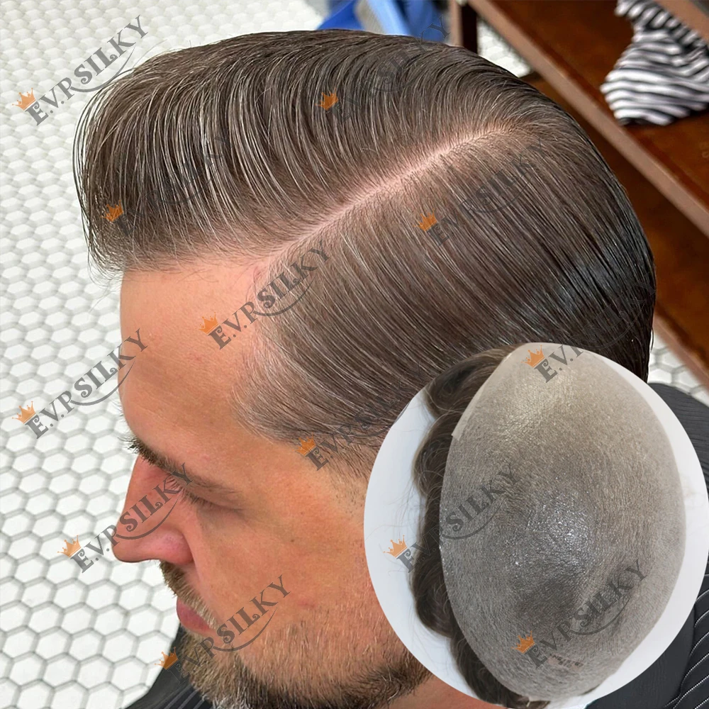 

Ultra Thin 1B80 510# 0.02mm 80% Low Density Transparent PU White Blonde Grey Human Hair Prosthetic Natural Hairline Men's Toupee