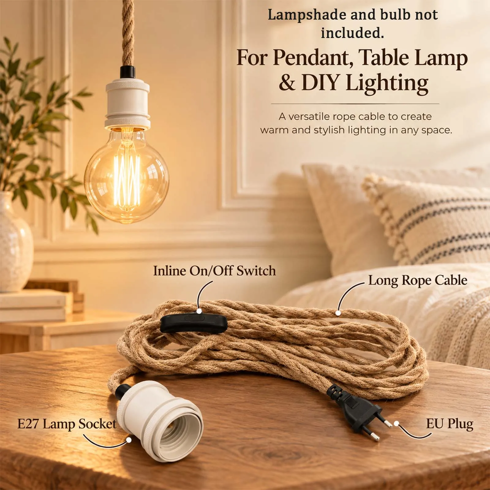 Lamp Cord with Switch and Plug, Jute Rope Braided Cable, White E27 Holder, Black Inline Switch, Black EU Plug, Boho, Cafe