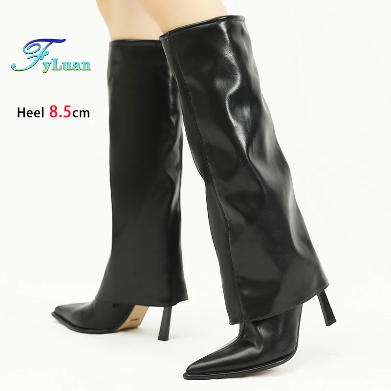 

2025 Spring Autumn 8.5CM Thin Heel Black White Women Turned Over Edge Boots Party Shoes Large Size Pointed Knee-High Long Boots