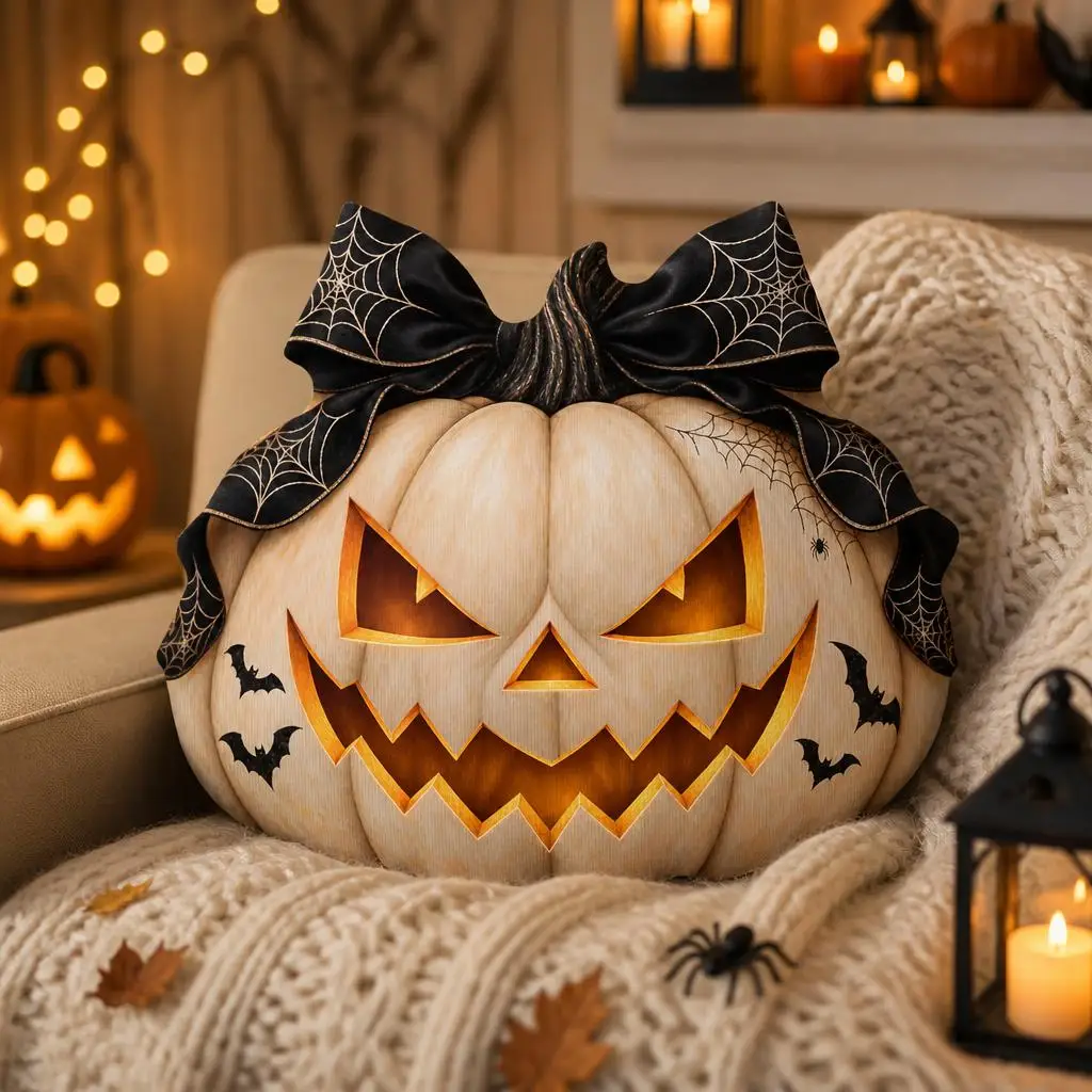 Halloween Jack O Lantern Plush Pillow Spooky Pumpkin Cushion Gothic Witch Bow Stuffed Throw Pillow Sofa Bed Home Decor Gift