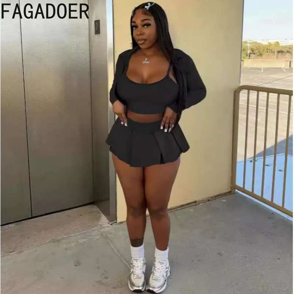 FAGADOER Spring New Y2K Solid Color Pleated Skirts Three Piece Sets Women Vest + Long Sleeve Crop Coat + Mini Skirts Streetwear