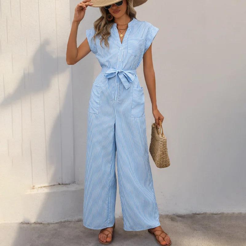 

Faionable Striped Women's Jumpsuit Casual High Waist Wide Leg Pants Street Sle Long Pants Polyester Spring Season