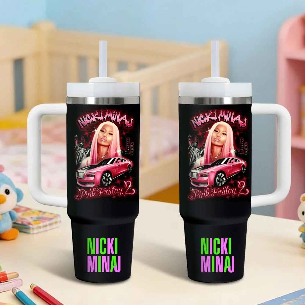 

N-nicki Minaj Singer Vacuum Flasks 40oz Stainless Steel Insulated Tumbler with Handle & Straw Leakproof Travel Mug
