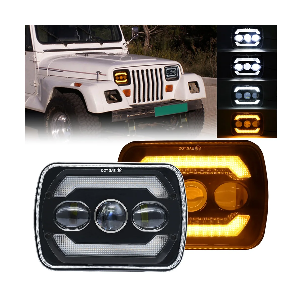 5X7 LED Headlights, 180W 7X6 Headlights with Yellow Turn Signal White DRL for YJ XJ Trucks H6054 H5054 H6054LL