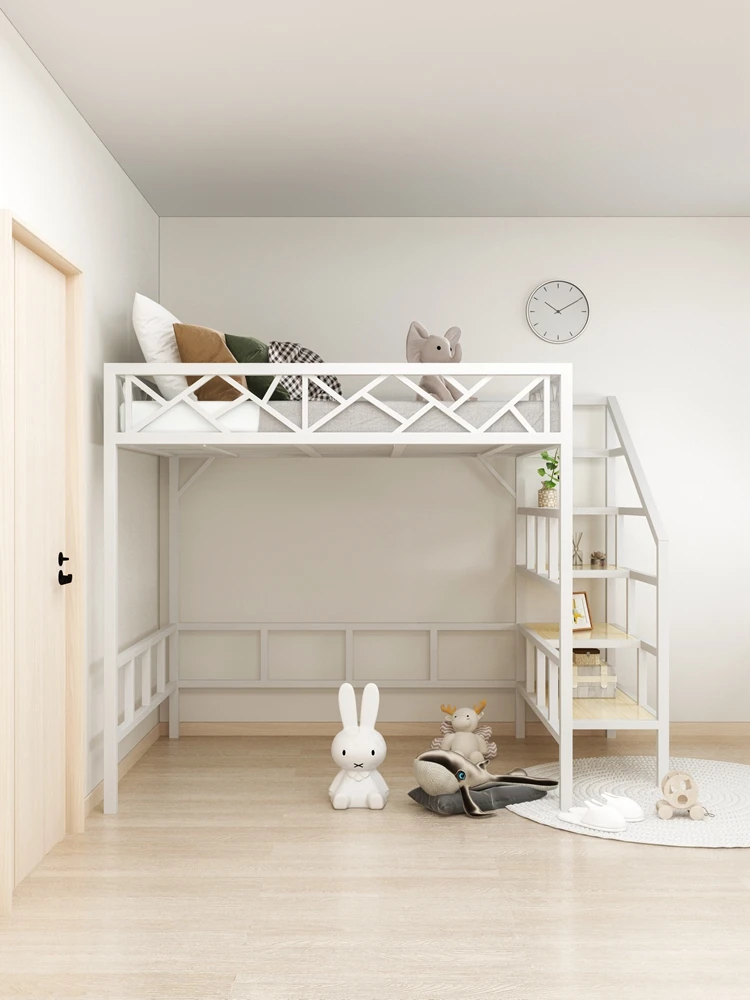 Wrought iron elevated bed double simple modern small apartment space-saving adult children's apartment duplex second floor bed