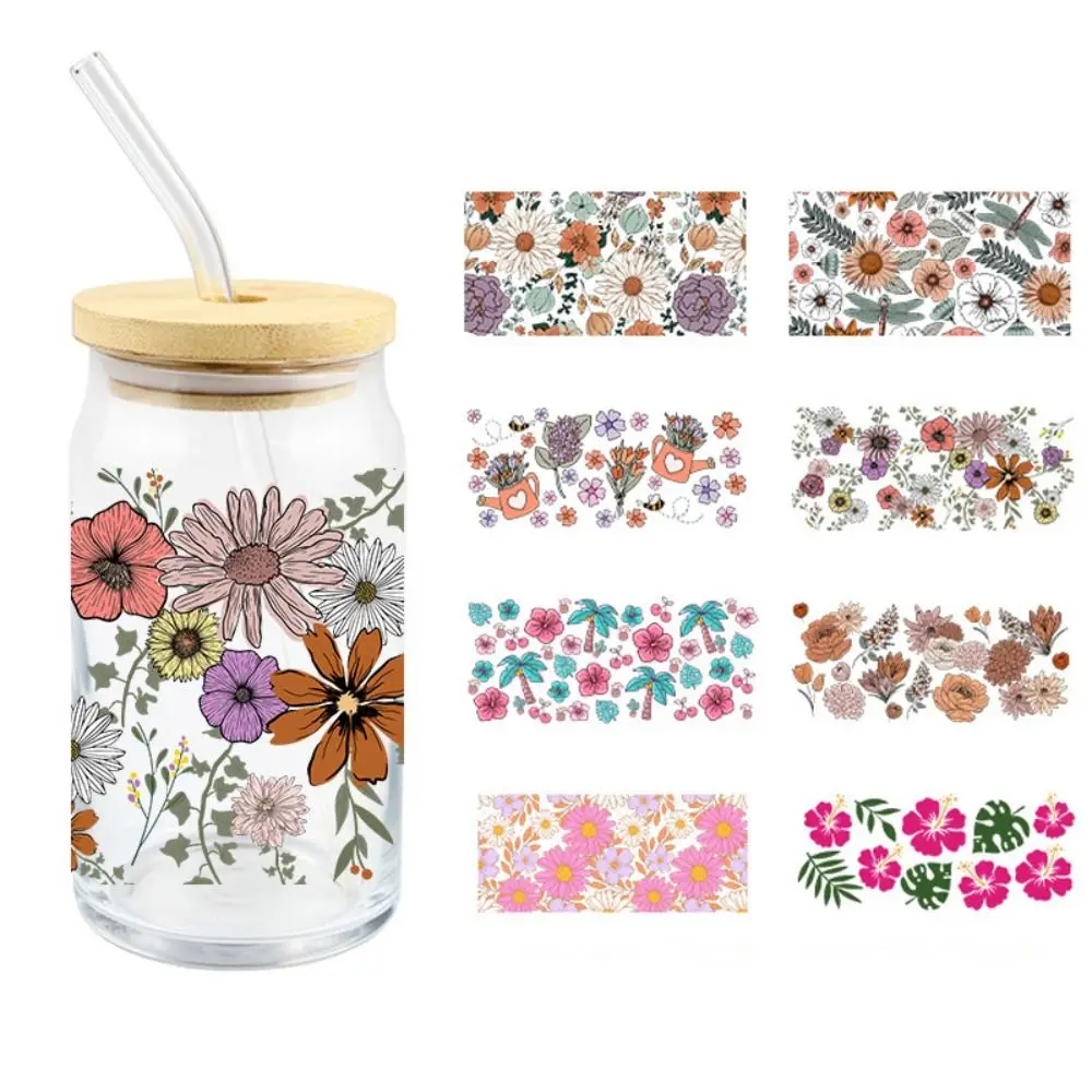 Floral Print UV DTF Transfer Sticker Waterproof High-temperature Resistant Cup Wraps DIY Decals Rub on Transfer Cup Stickers