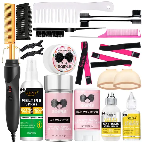 GOIPLE Lace Wig Installation Kit with Electric Hot Comb, Ionic Hot Comb for Wigs, Strong Hold Lace Wig Glue, Adhesive Remover, Melting Spray, Wax Stick & Edge Control Set
