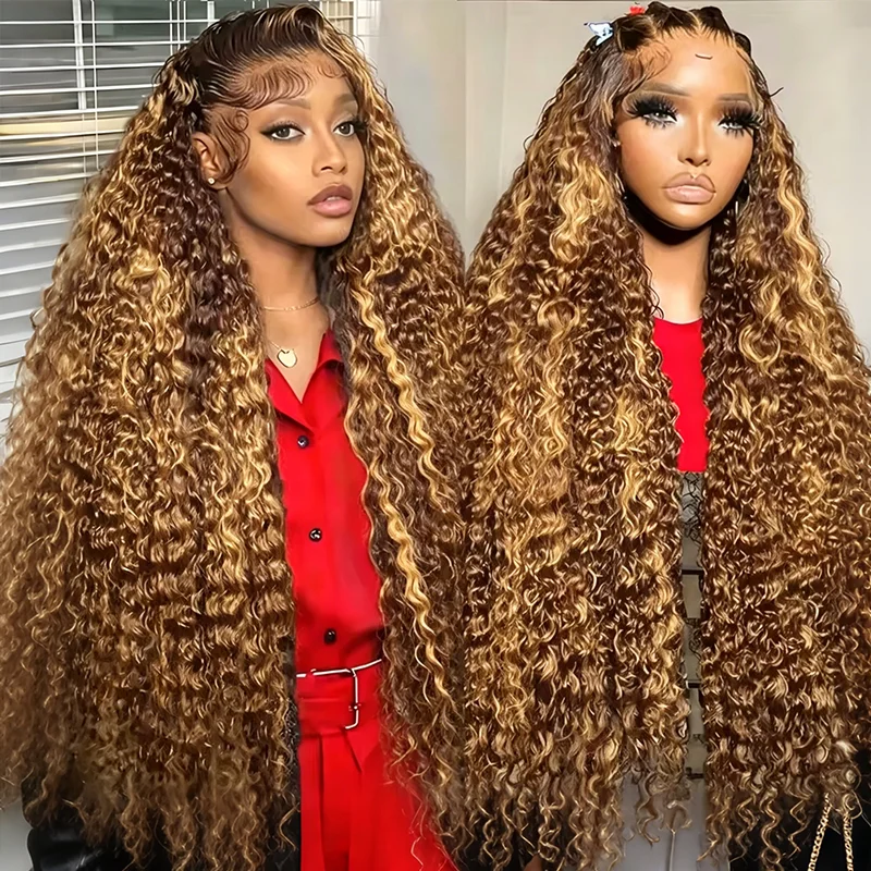 

42 46Inch Highlight Ombre Deep Wave Human Hair 13x6 HD Curly Lace Frontal Wig 4/27 Brazilian 13x4 Water Wave Human Hair Wig 250%