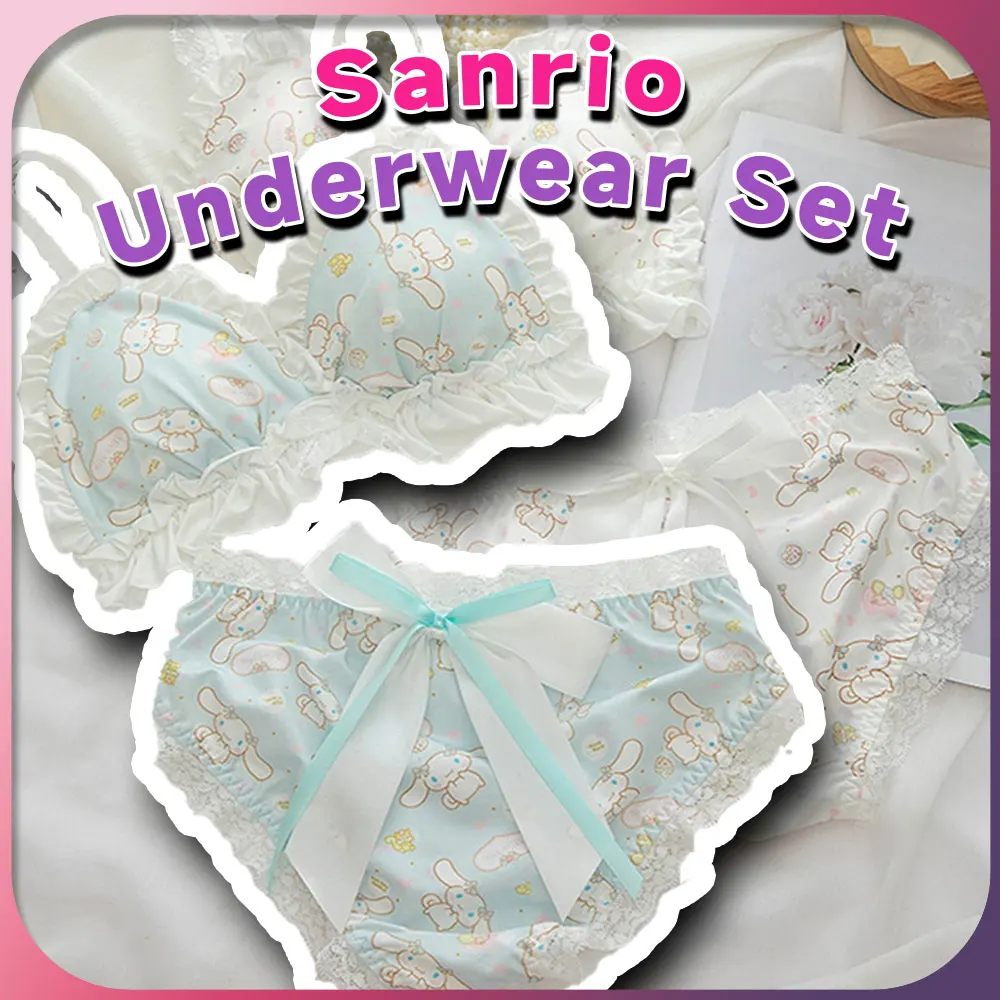 Sanrio Cinnamoroll Bra and Panty Kawaii My Melody Anime Lace Cute Bowknot Underwear Bra Briefs Cosplay Lingerie Gift for Girls