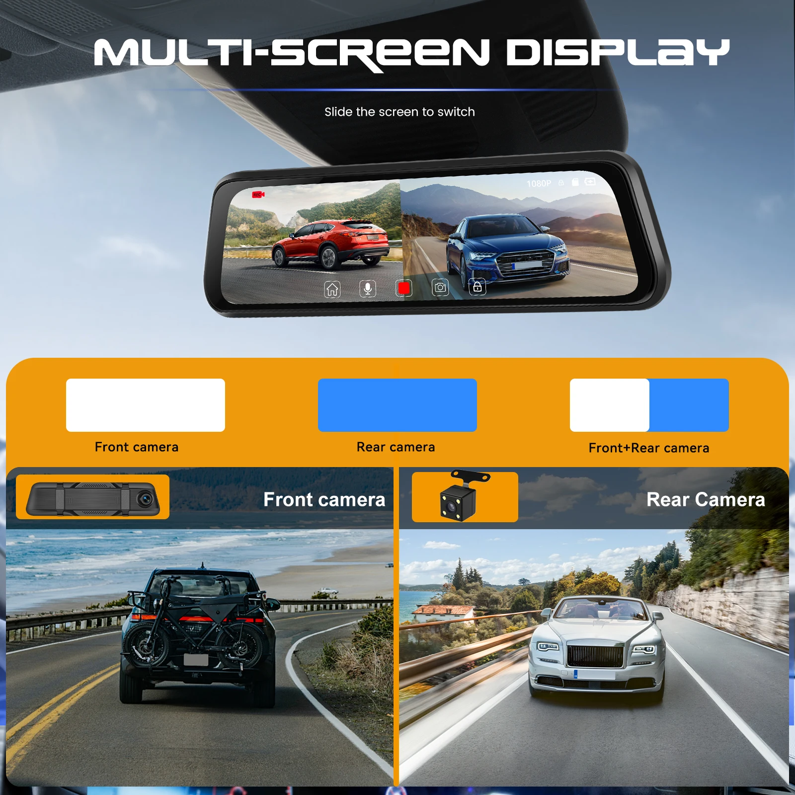 Podofo 9,66'' Dashcam 1080P Dual-Objektiv Auto-DVR Mehrsprachiger Auto-Videorekorder mit 480P Rückfahrkamera 150° ° Breiter Betrachtungswinkel – Detail 6
