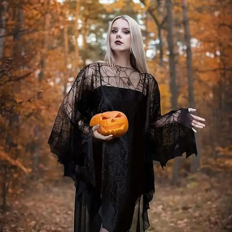 

New Halloween Cape with Spider Web Black Lace Net Fabric for Halloween Party Decoration