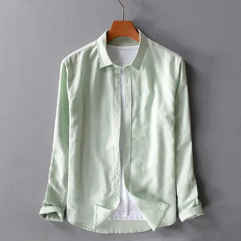 New style sky blue shirt men brand linen solid fashion long sleeve square collar cotton shirts for men chemise