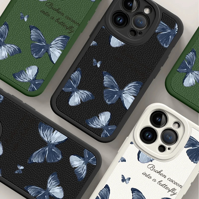 Butterfly Case for iPhone 15 14 13 12 11 Pro Max Plus 13 Mini X XR XS MAX 8 7  Fashion Beauty Leather Soft  Patten Protect Cases