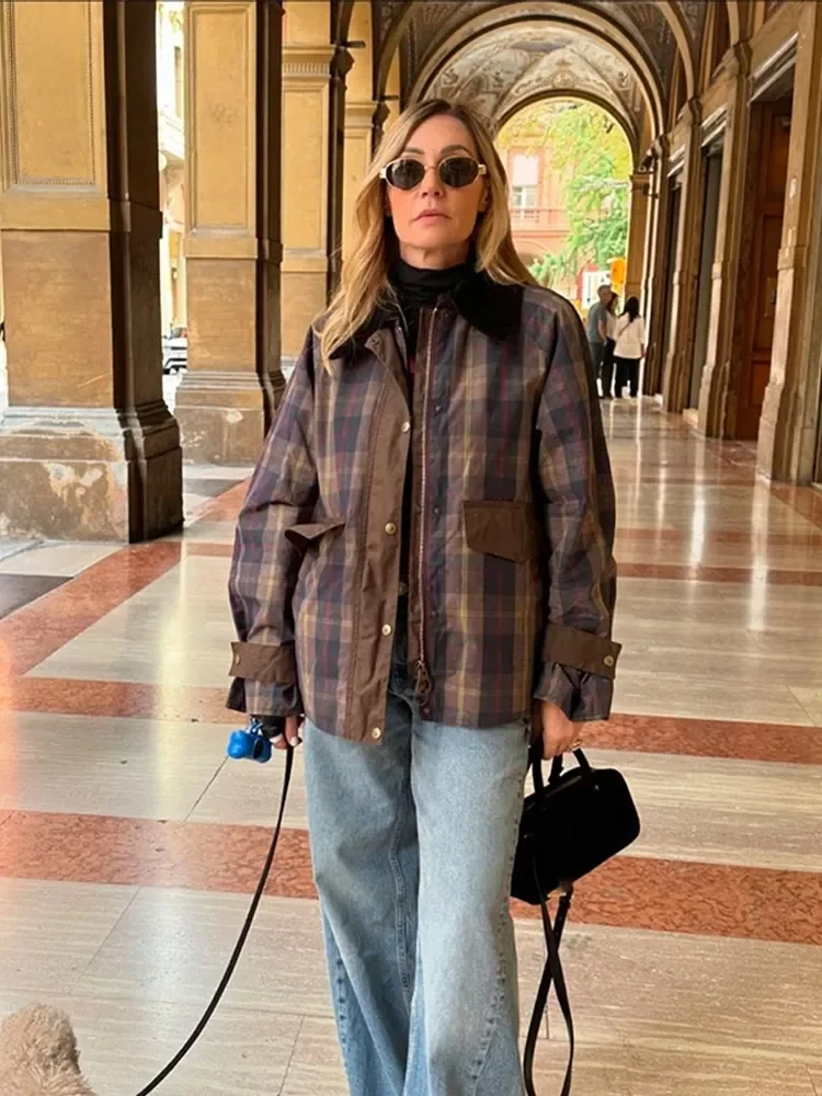 

Casual Plaid Patchwork Women Jacket Full Sleeve Zipper Pocket Female Coat 2025 New Autumn Lapel Single Breasted Lady Outerwears