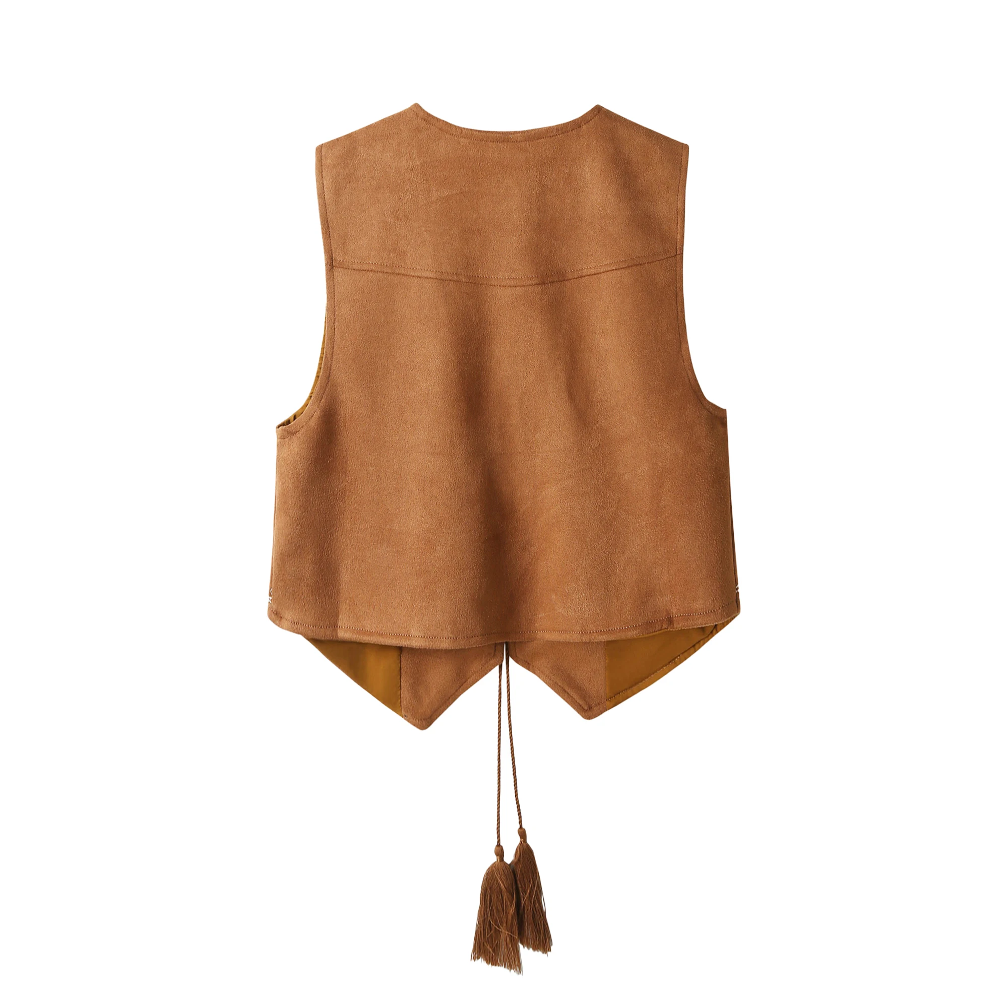 Bohemian Embroidered Fringed Suede Vest Women Summer Holiday Layering Shoulder Pad Vest Outerwear V-Neck Loose Fit Short Style