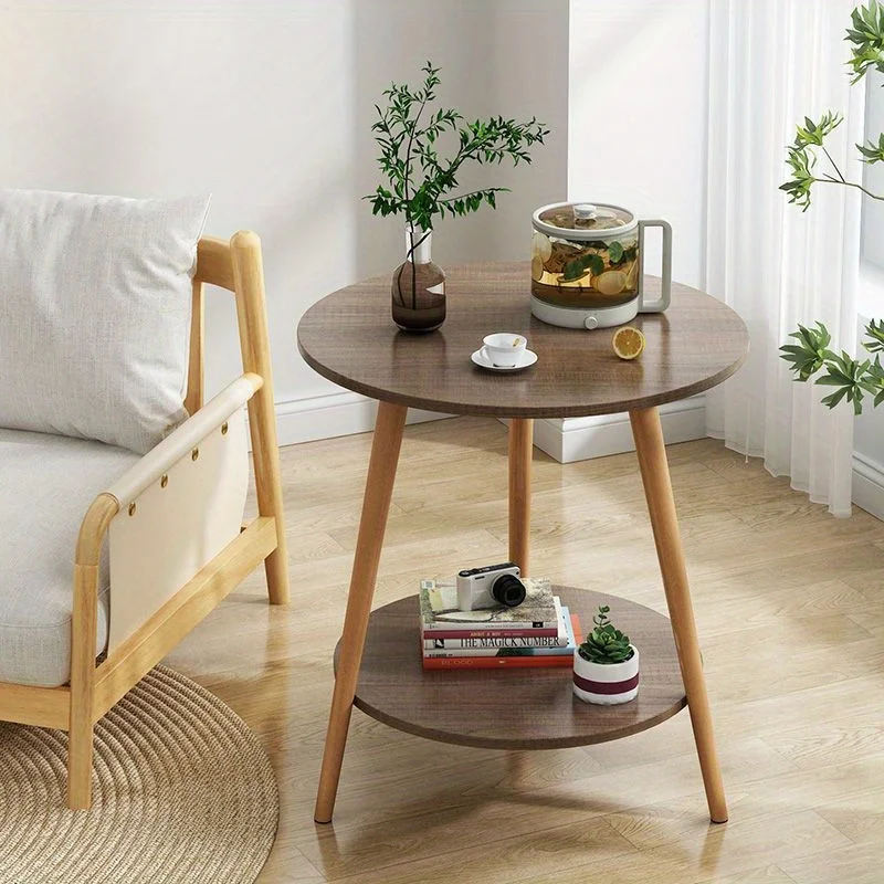 طاولة جانبية من طبقتين من الشمال، طاولة قهوة خشبية مستديرة - 3 أرجل، نمط ألوان السجل، مثالية لغرفة المعيشة وغرفة النوم والشرفة