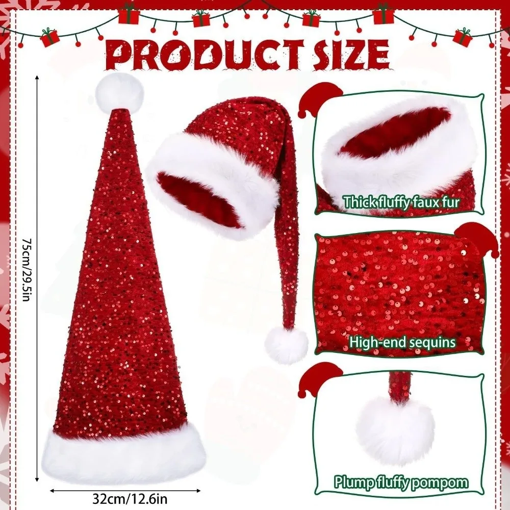 Festive Party Solid Color Sequin Christmas Hat Long Comfortable Xmas Cap 75cm Plush Santa Claus Hat New Year