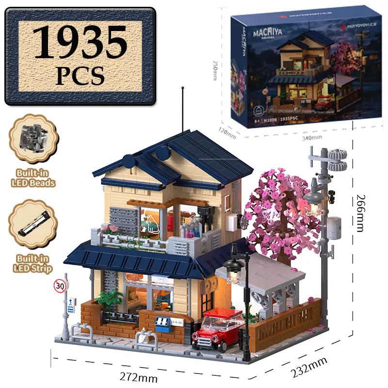 

1935PCS LED City Japanese Tea Shop House Architecture Building Blocks Car Friends Sakura House Figures Bricks Toys for Kid Gifts