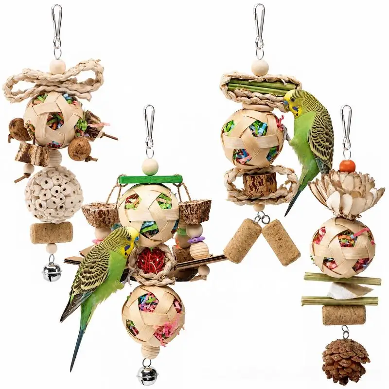 1Pcs Colorful Wooden Beads Ropes Natural Blocks Tearing Toys Parrot Chew Toy With Hook For Birds Cage Hanging Decoration