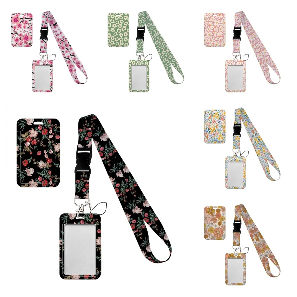 Beautiful flowers card holder Lovely hanging rope  ID pass hang accessories holder lanyard Student  Bus passr protective Case