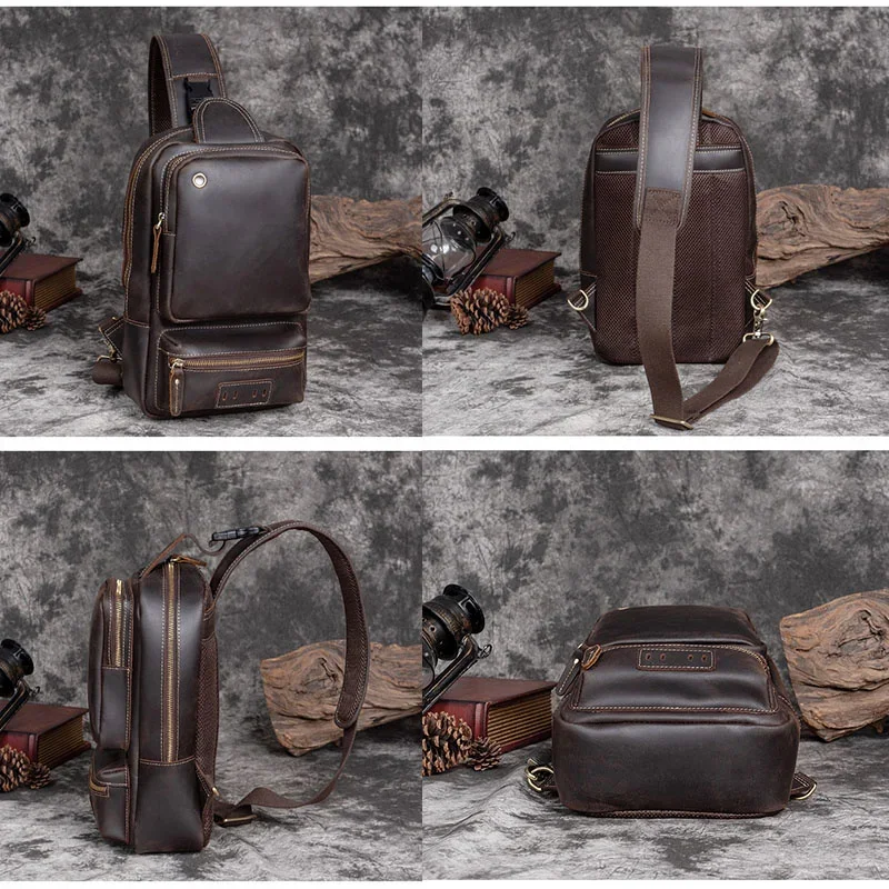 Male Retro Genuine Leather Top Layer Cowhide Shoulder Bags Waterproof Crossbody Travel Sling Messenger Chest Bag Pack for Men