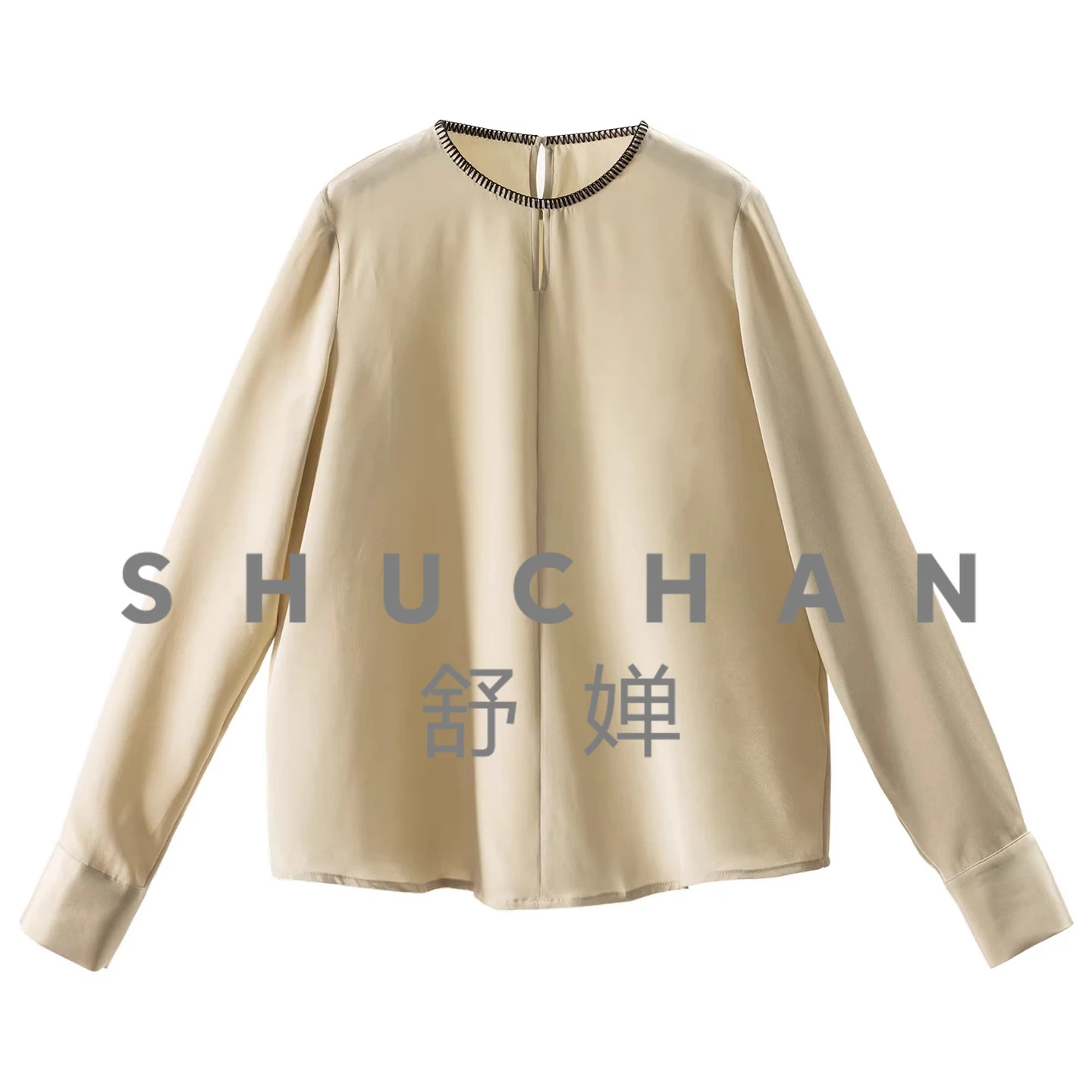 

Natural Silk Blouse Double Joe Contrasting Color Lock Edge Round Neck Solid Color Shirt Women's 36K6