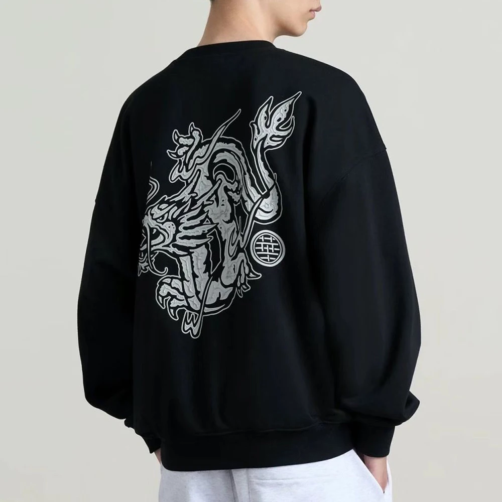 Dragon Printed Round Neck Sweater Autumn and Winter New Fashion Street Loose Casual Couple Long Sleeve Top Mens Clothing