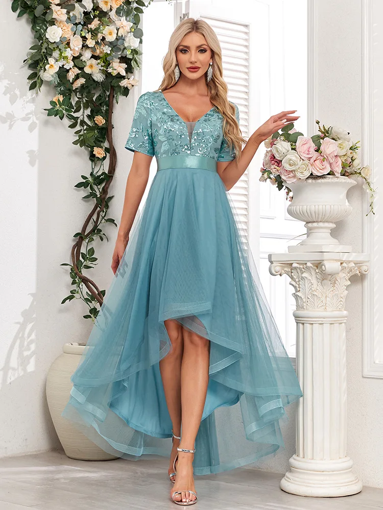 Evening Gown DeepVShort-Sleeved Sequined Irregular Multi-Layer Mesh Bridesmaid Prom Dress