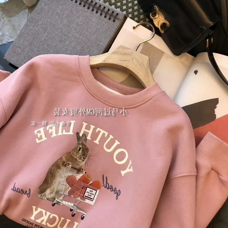 High Quality Winter Velvet Top Y2K Rabbit Cute Carrot Print Sweatshirt Hoodie Korean Loose Long Sleeve Pullover Funny Streetwear