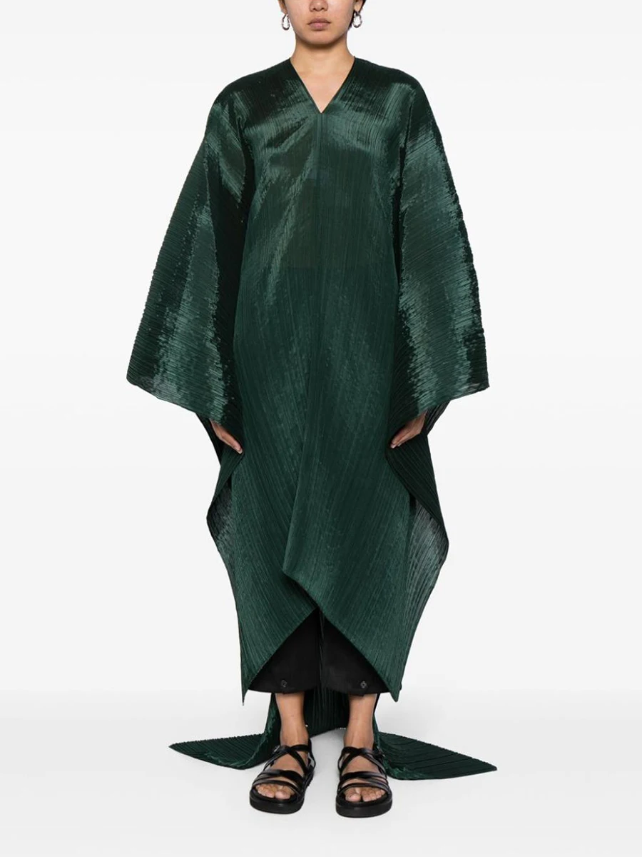 Miyake Vestido de blusa caída con cuello en V de longitud media plisado para mujer