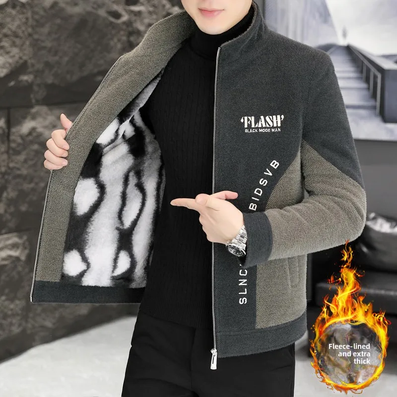 

Мужская зимняя утепленная шерстяная куртка на флисовой подкладке, повседневная, модная, универсальная, с длинными рукавами, воротником-стойкой, из полиэстера и нейлона