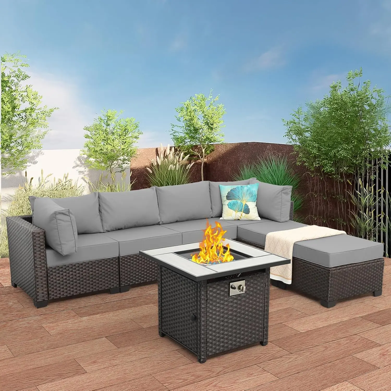 

Outdoor Patio Furniture Set 7 Pieces Sectional Sofa Brown Rattan Conversation Couch with PE Wicker Propane Fire Pit Table