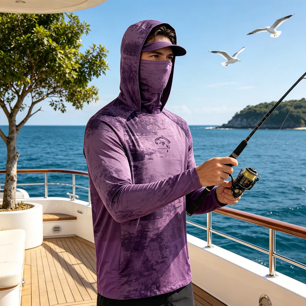

Outdoor Fishing Clothes Men Long Sleeve With Face Mask UV Protection Fishing Hoodie Casual Fishing Shirt Top for Fishing Hiking