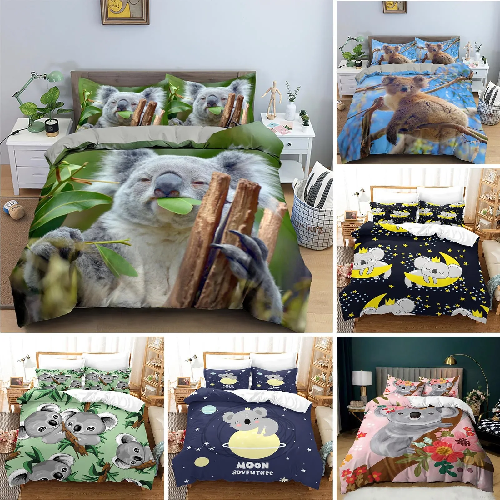 Cartoon Koala Duvet Cover King Queen Lovely Animal Bedding Set for Kids Teens Adults Wildlife Quilt Cover with Pillowcase 2/3PCS