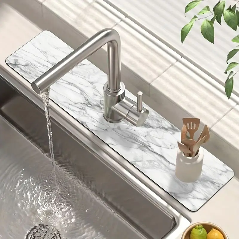 VIKAMA Marble Sink Drying Mat White Grey Vein Minimalist Non Slip Water Absorbent Kitchen Faucet Countertop Decor Carpet